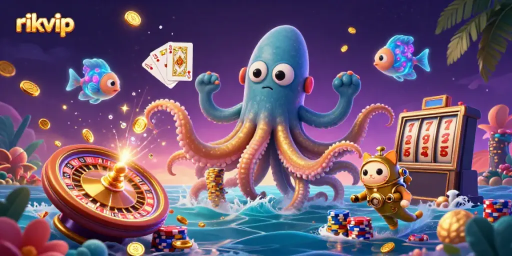 Experience the thrill of rikvip casino with a colossal kraken and treasures in this vibrant 3D scene.