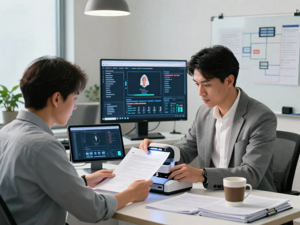 Engaged analyst performing document fraud detection in a modern office with UV light scanner and digital tools.