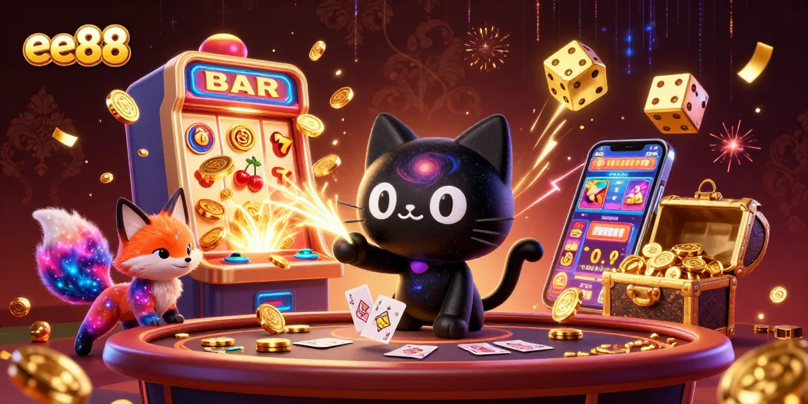 Win big at ee88 with a captivating cosmic casino scene featuring playful characters and vibrant game elements.