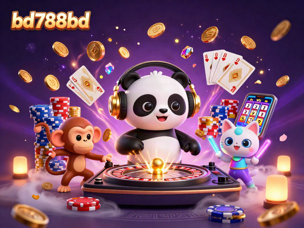 Engage with bd788bd in a vibrant 3D casino scene featuring a DJ panda, dancing monkey, and glowing kitten.