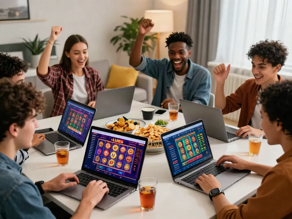 Exciting dynamic scene of friends exploring nhà cái lu88 gaming options online with vibrant visuals.