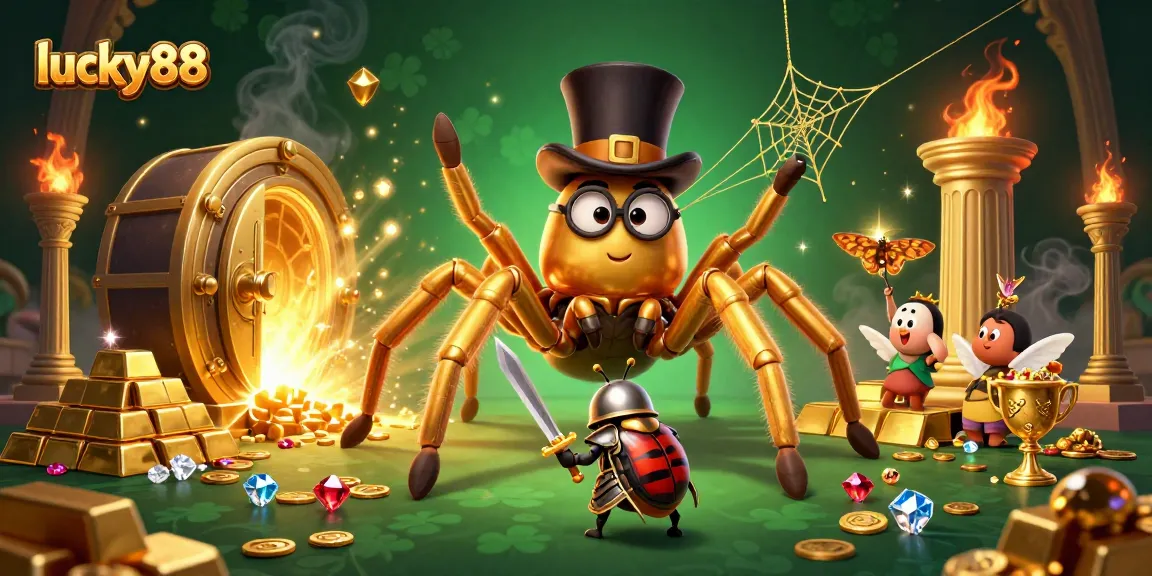 Experience lucky88 as a golden tarantula prepares for a big jackpot in a vibrant casino scene.