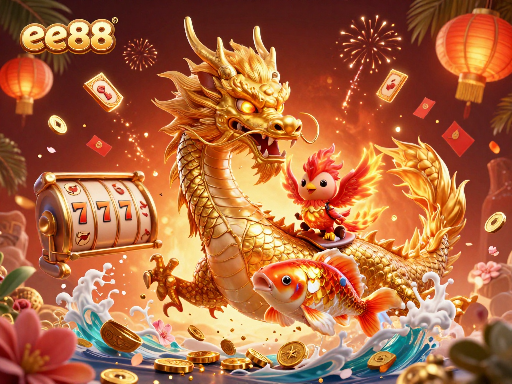 Experience thrilling gameplay with ee88's golden dragon and vibrant casino elements in a dynamic 3D scene.