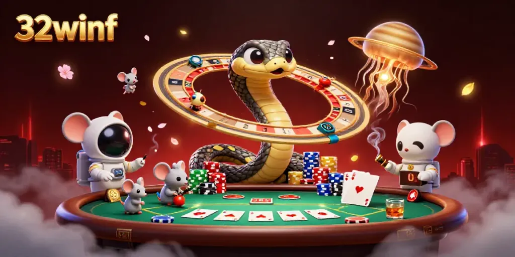 Engage with thrilling bets at the 32winf cosmic casino, featuring vibrant gaming elements and creative characters.
