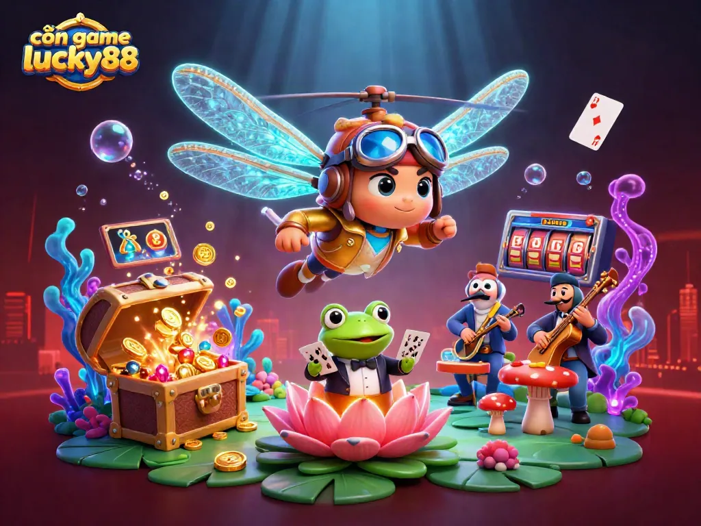 Engage with cổn game lucky88 at a dynamic lily pad casino featuring unique characters and vibrant game elements.