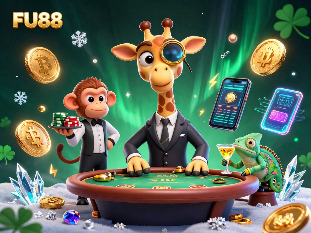 Experience big wins with FU88 at a vibrant casino scene featuring a high-roller giraffe and monkey valet.