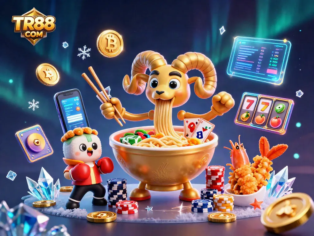 TR88 COM streams excitement with a golden ramen bowl dealer in a packed casino scene.