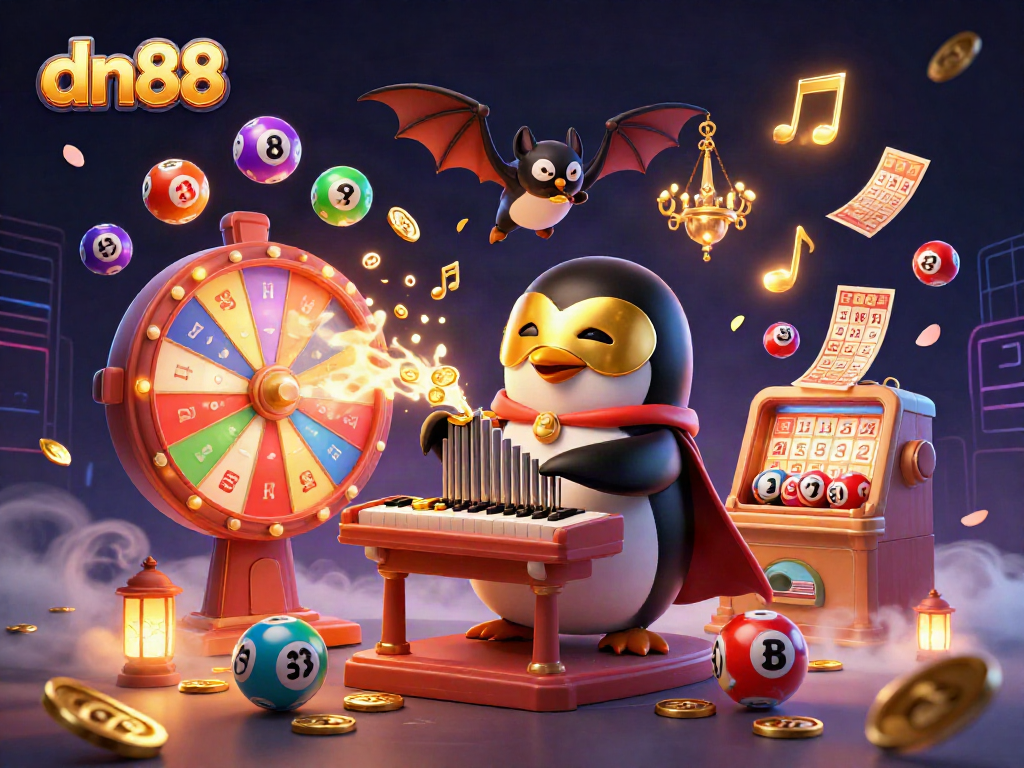 Celebrate rewards with the vibrant dn88 casino scene, featuring a penguin organist and playful lottery elements.