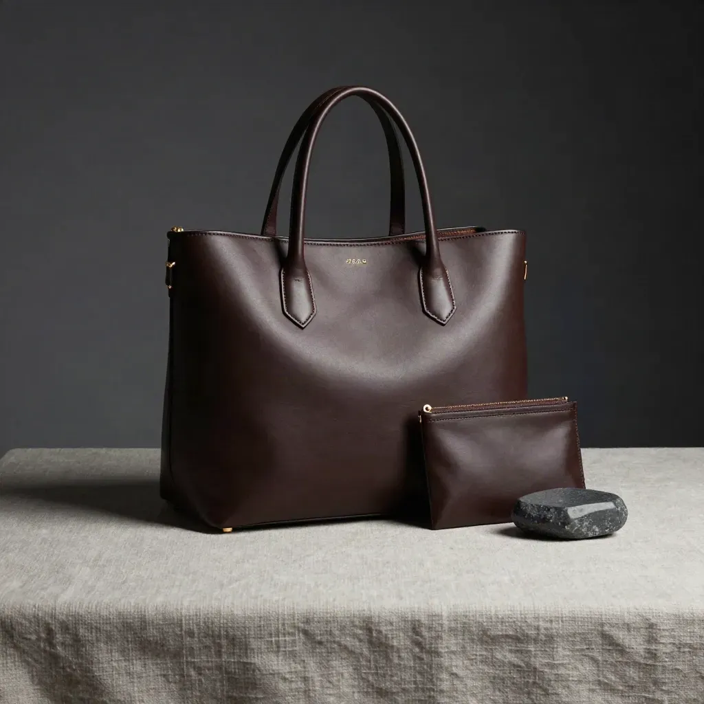 Dark leather Mara tote with pouch, card sleeve and stone block on linen