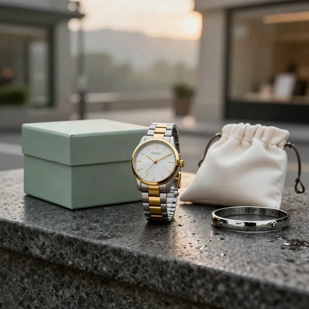 Gold link watch with gift box, silk pouch and cuff bangle on rain-dark stone