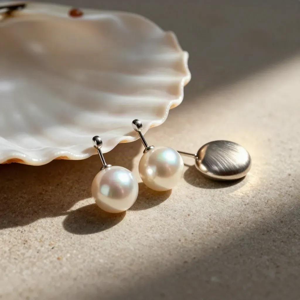 Pearl drop stud earrings beside a shell dish, satin swatch, and brushed metal pebble