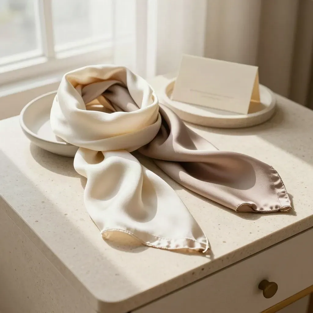 Silk scarf gift set with ivory and taupe scarves, stone tray, ceramic bowl, and soft window light.