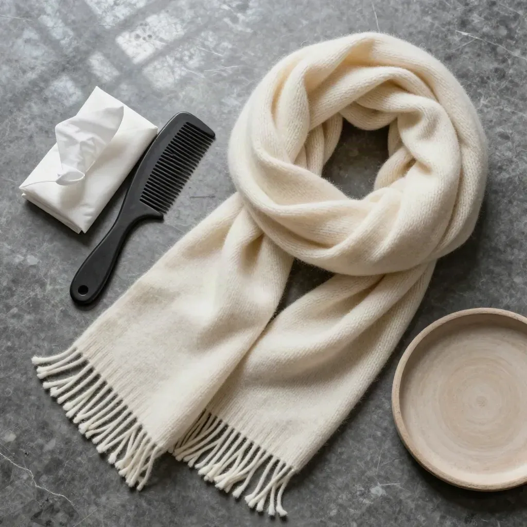 Overhead flatlay of a cream cashmere scarf with wool comb, tissue wrap and clay tray.