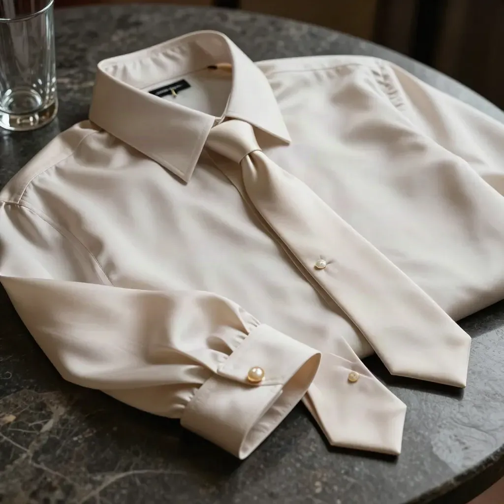 Silk shirt with pearl buttons, ribbon tie and glass vessel on dark stone, lit dramatically.