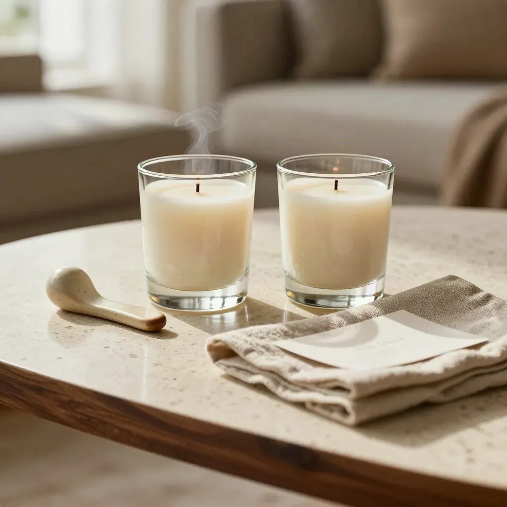 Two scented candles, ceramic striker and linen on travertine in warm window light.
