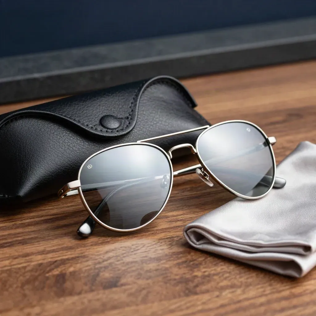 Mirrored aviator sunglasses with leather case, cloth and stone spacer on warm walnut.