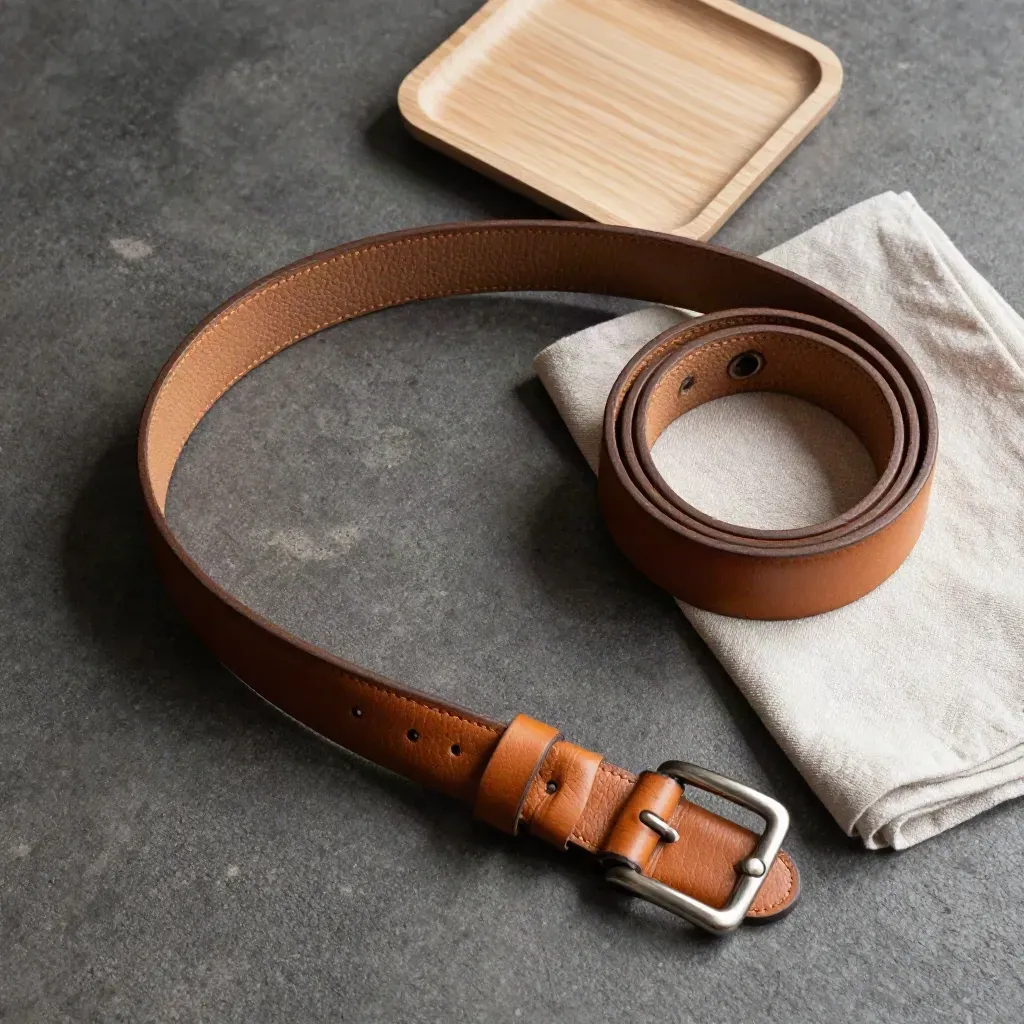 Top-down leather belt flatlay with buckle, cloth, and stone-wood tray on concrete.