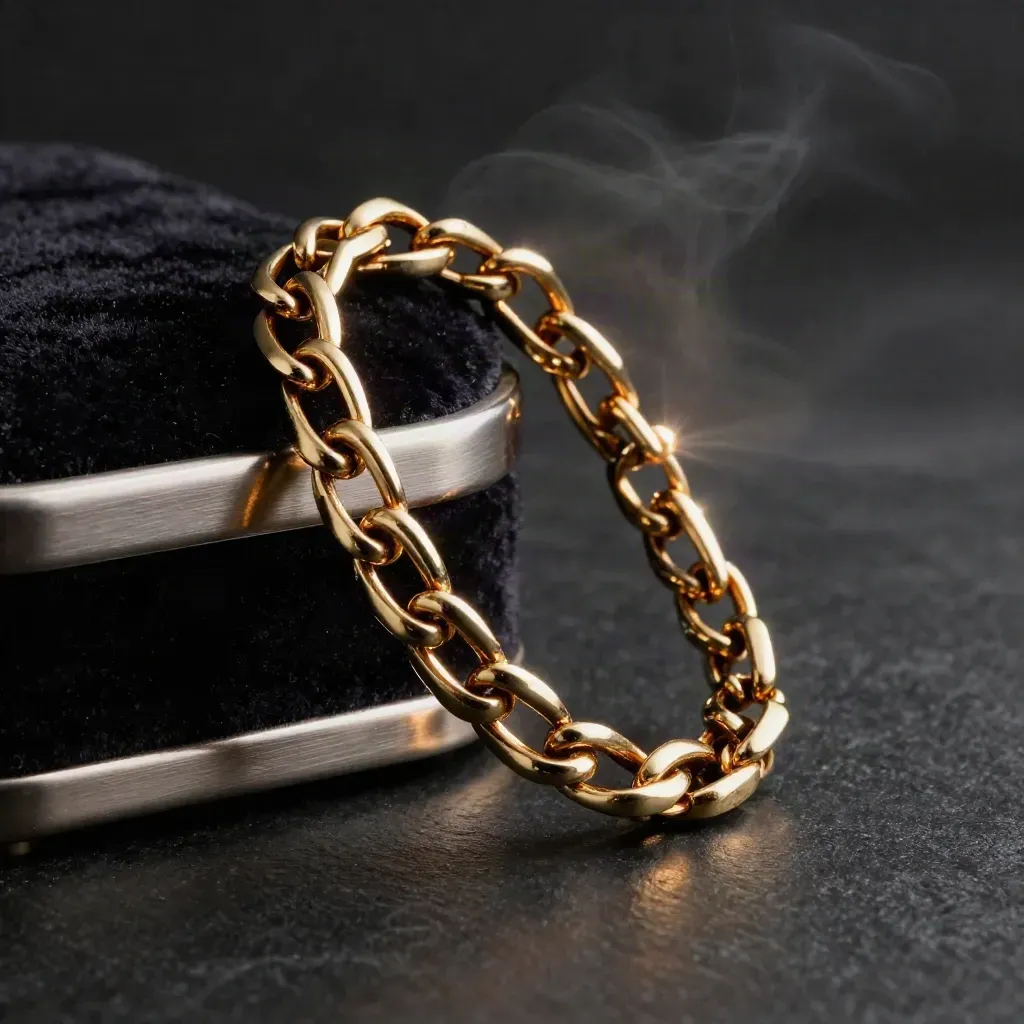 Polished antique-gold chain bracelet arcing over a velvet ring pad on a matte-black studio surface.