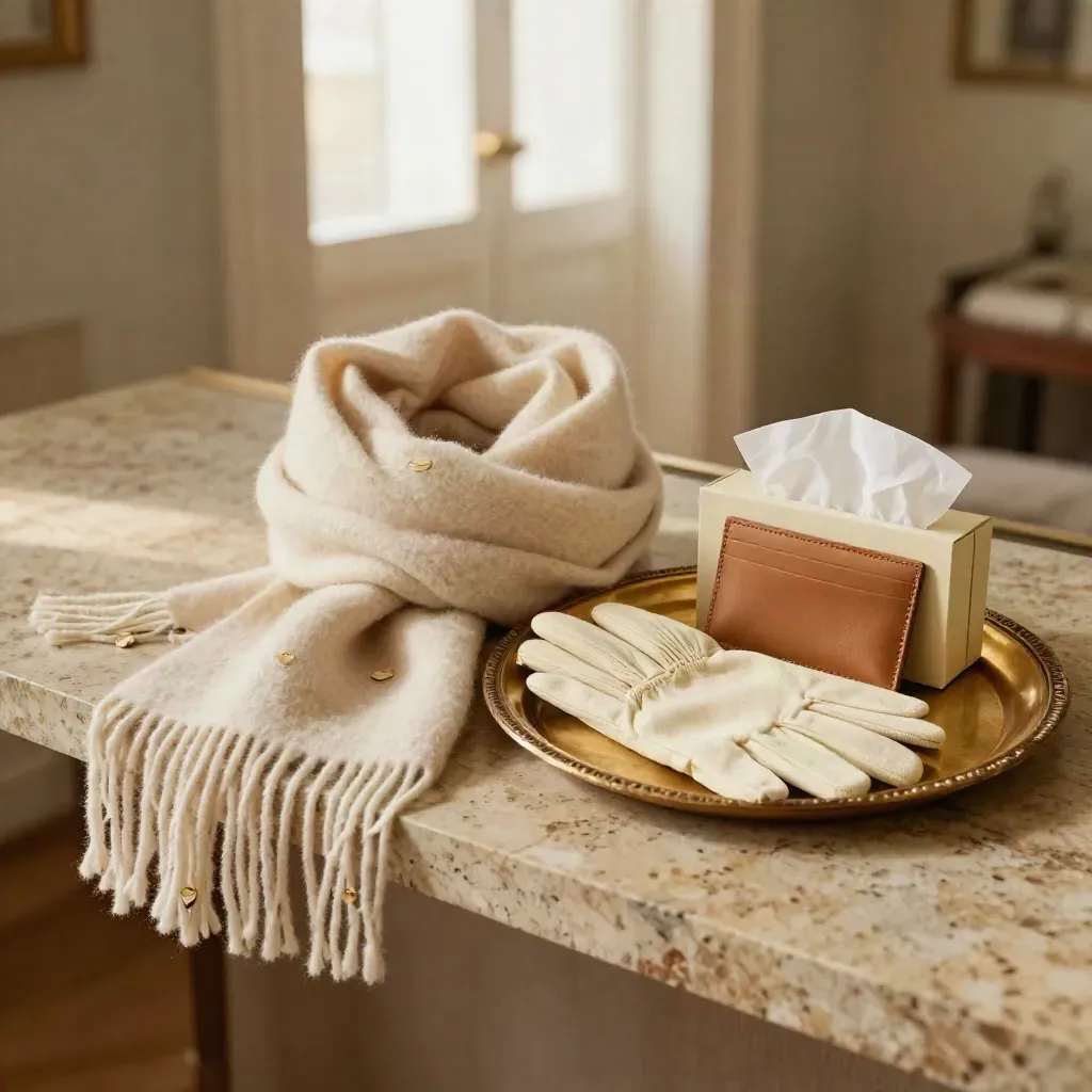 Cashmere gift set with scarf, gloves and card holder on a gold tray beside an ivory box.