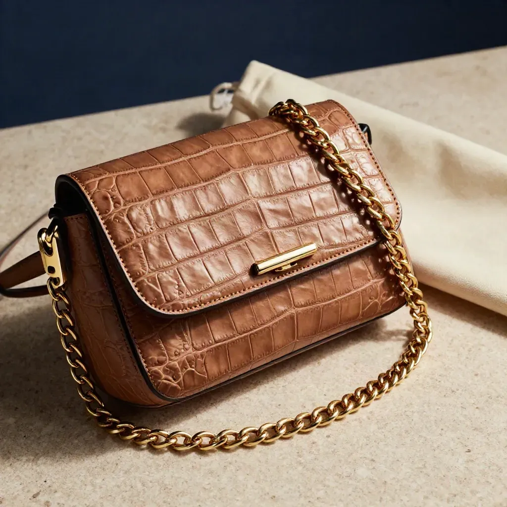 Close-up Sable Croc Crossbody on travertine with chain strap and brushed clasp, lit in navy shadow.