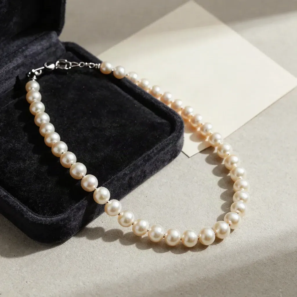 Pearl necklace on velvet pad with a small tray and ivory card on pale stone.