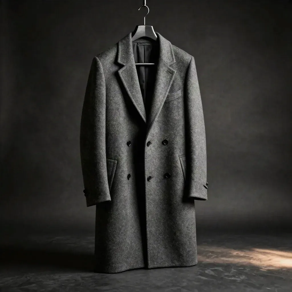 Charcoal wool coat on a hanger in a dark studio, caught by cool rim light with a dramatic silhouette.