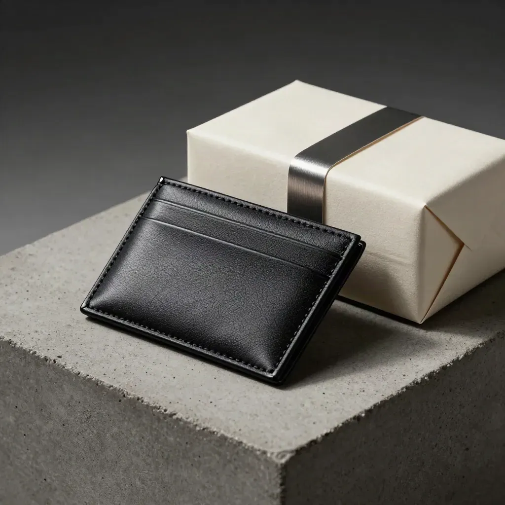 Black leather card holder beside an unbranded gift box on cool concrete with soft studio light.