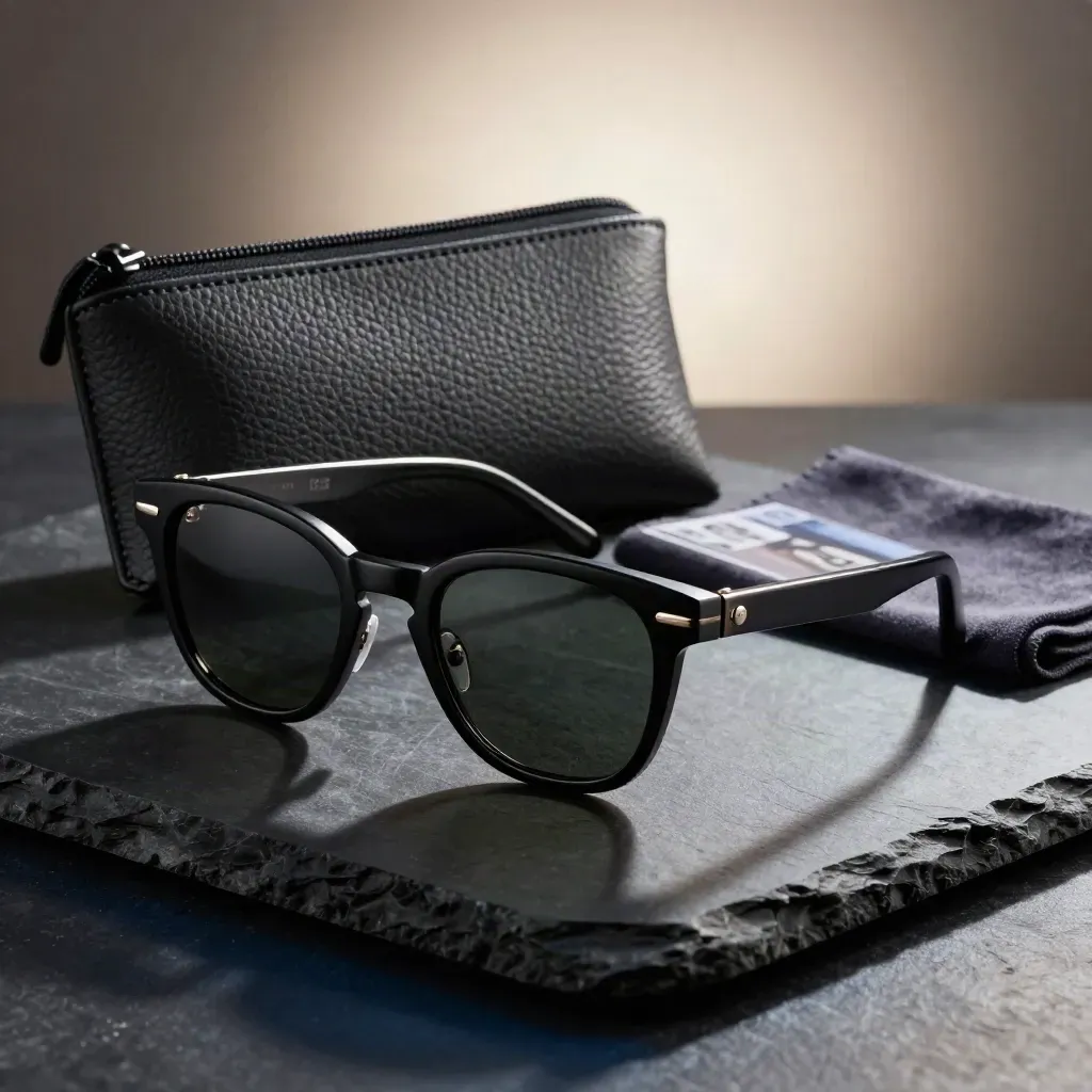 Sunglasses, leather case, and cloth on a dark stone slab with dramatic rim light.