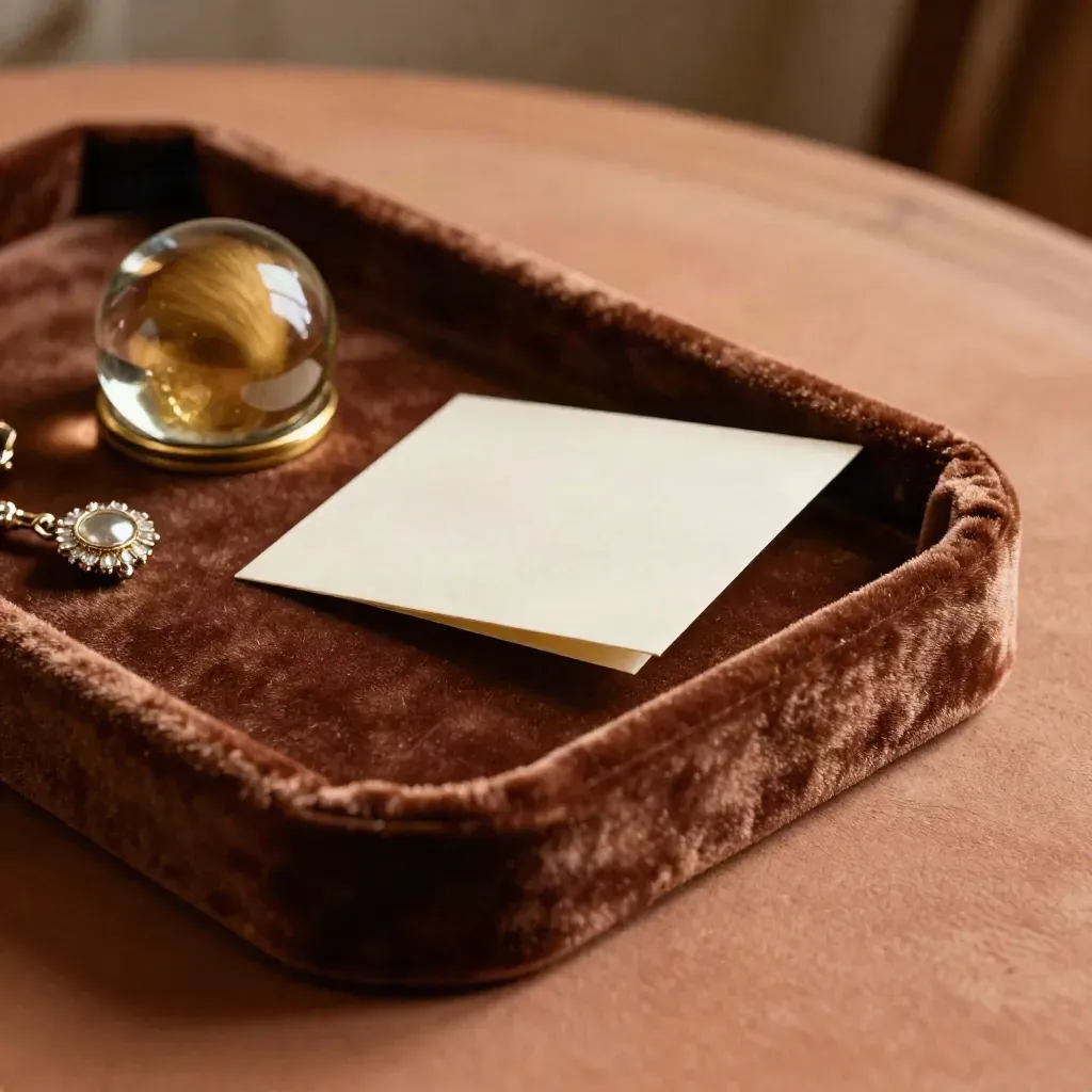 Velvet tray with jewelry catchall, blank card shape and gold paperweight on terracotta surface.