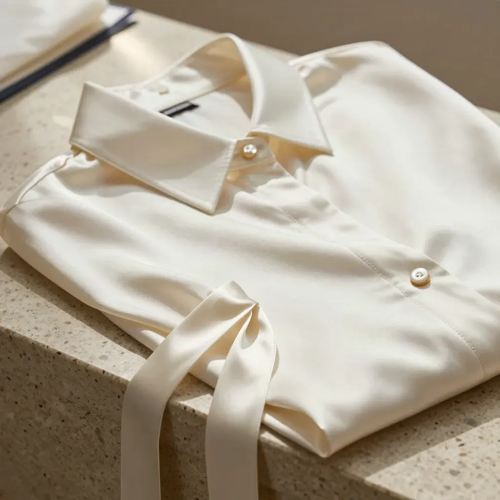 Ivory satin shirt close-up with collar, sleeve and ribbon on travertine, softly lit.
