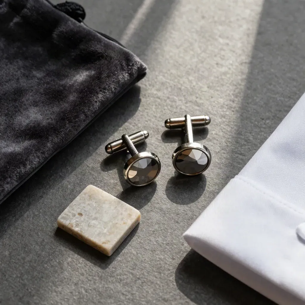 Steel cufflinks with velvet pouch, stone tile and shirt cuff in a clean overhead flatlay.