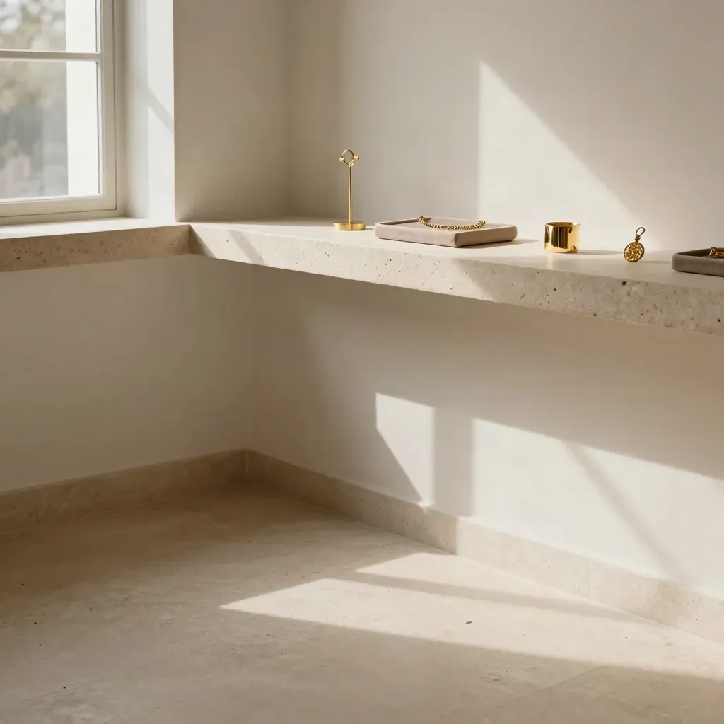 Sunlit jewellery gallery corner with gold glints, stone ledge and calm plaster space for copy.