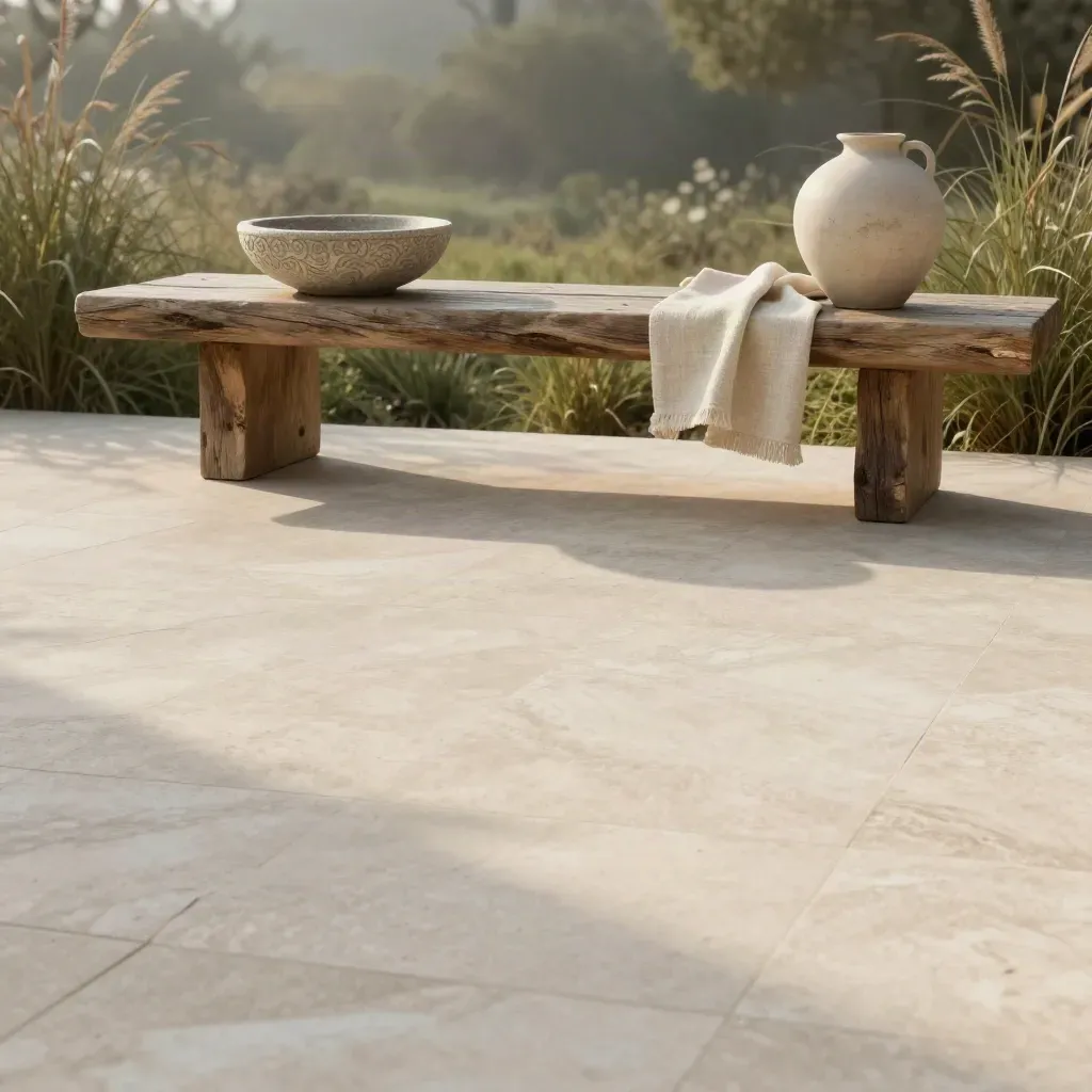 Travertine terrace with wood, stone decor, soft greenery, and calm copy space