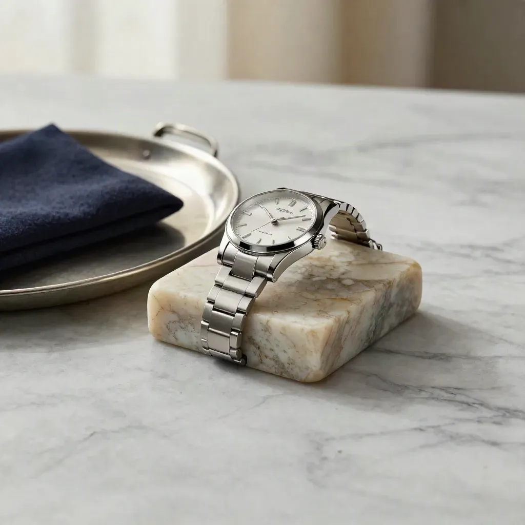 Luxury watch on marble and brushed metal with calm copy space below.