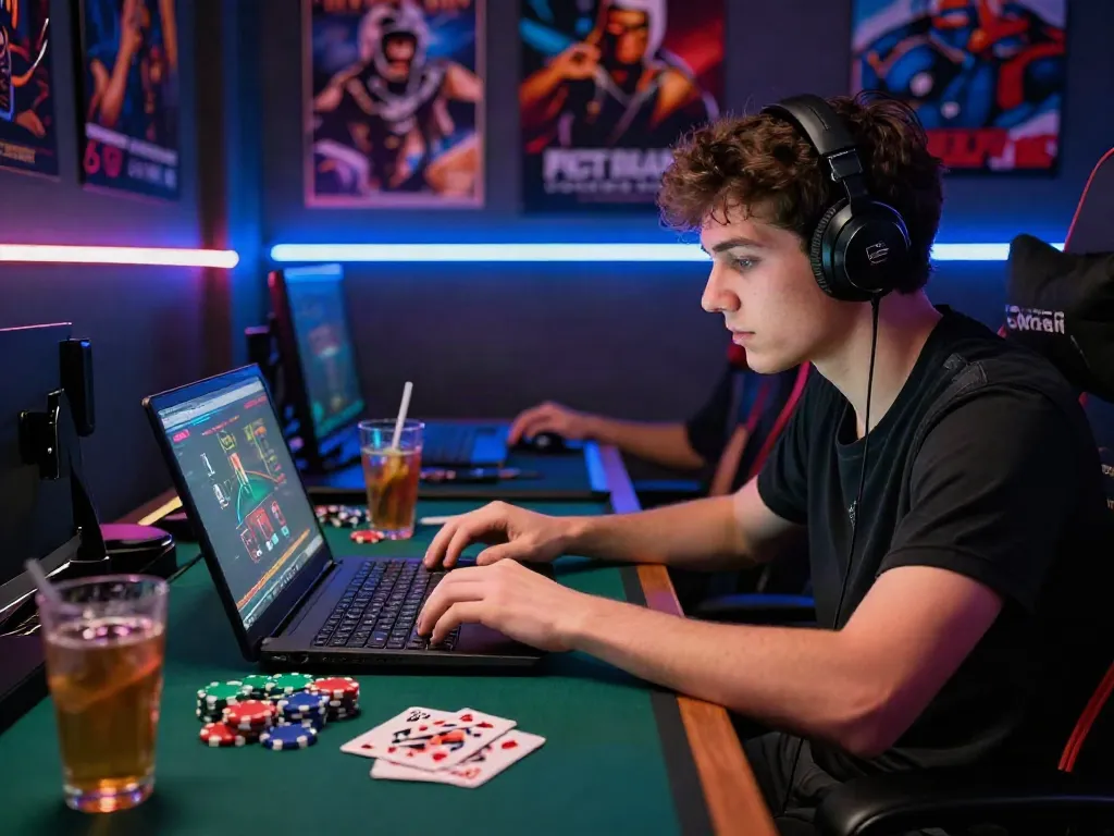 M88 Login alternatif gaming scene with a player using a laptop surrounded by gaming accessories, creating an immersive online gambling atmosphere.