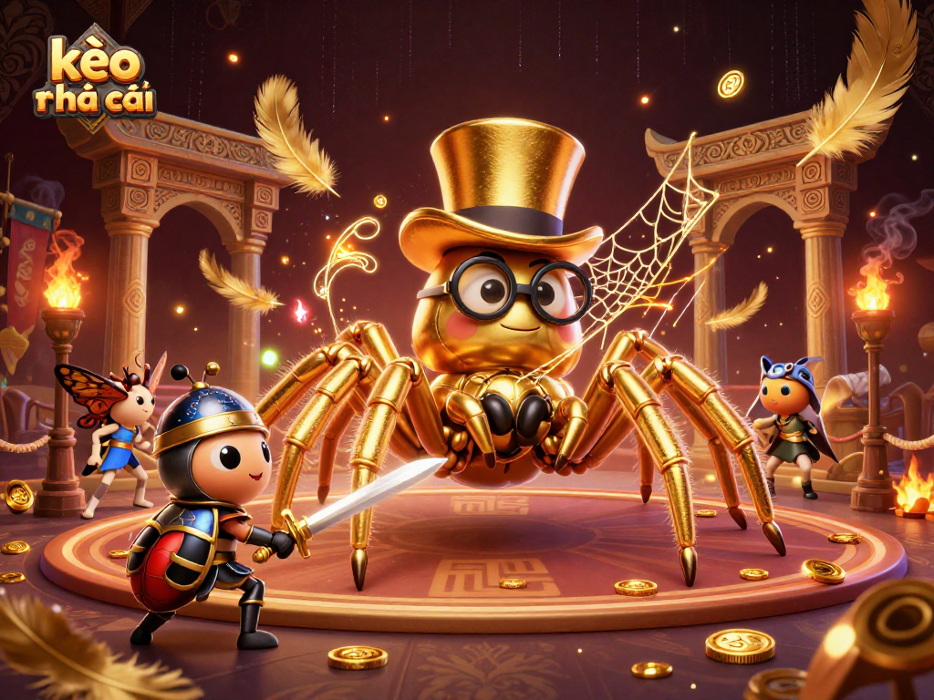 Engage with thrilling kèo nhà cái moments, featuring a golden tarantula and a beetle knight in an exciting casino setting.