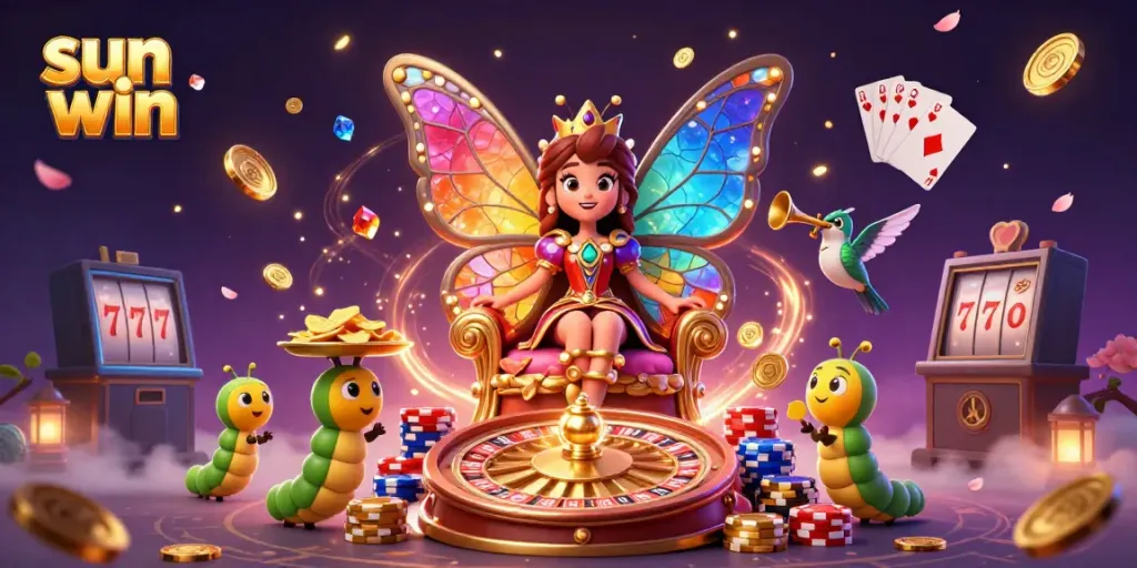 Experience the magic of sun win with a dazzling 3D gaming scene full of vibrant casino elements.