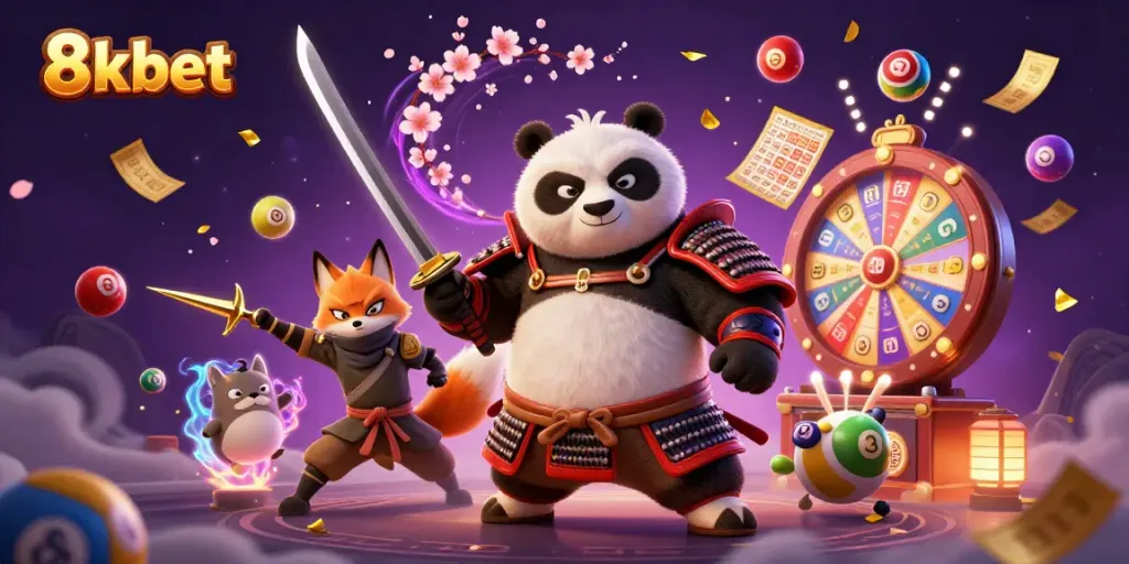 Engage in thrilling lottery excitement with 8xbet's vibrant 3D illustration featuring a panda samurai, ninja fox, and magical tanuki.