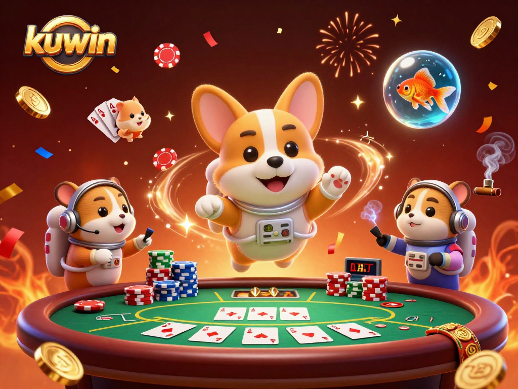 Kuwin showcases a vibrant casino scene with a floating corgi, poker chips, and festive confetti.