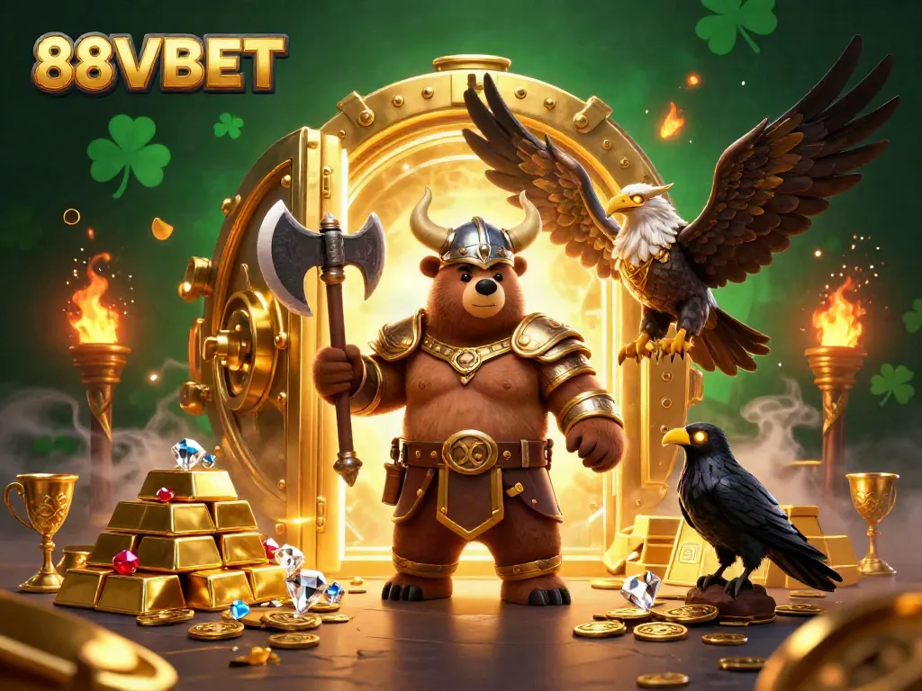 Experience the excitement of 88VBET with a dynamic 3D depiction of a Viking berserker and Valkyrie amidst treasure.