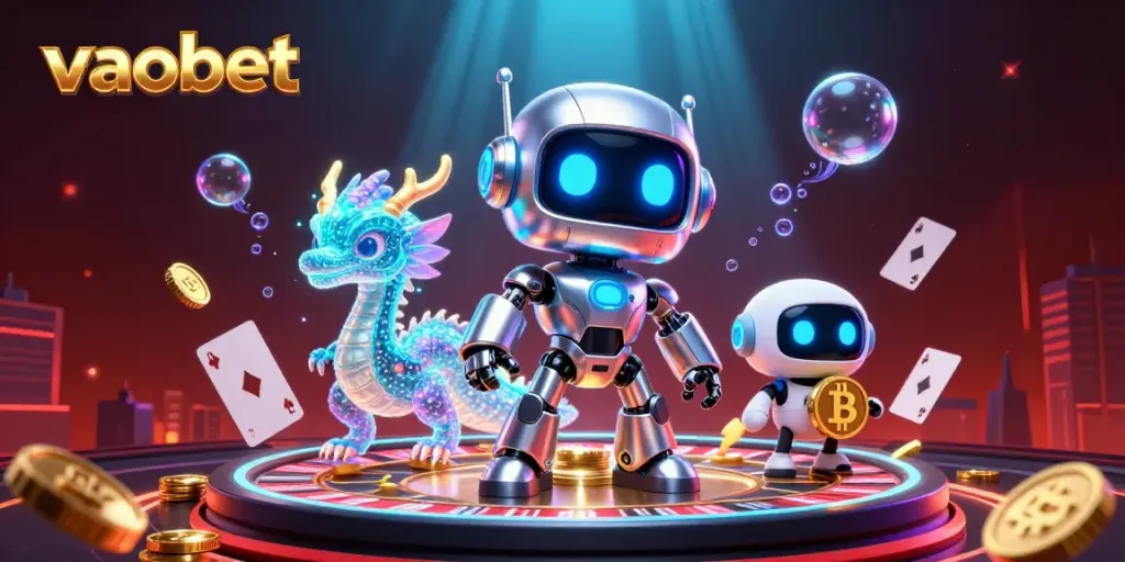 Engage with exciting casino gaming at Vaobet, featuring a stunning 3D robot and vibrant betting elements.