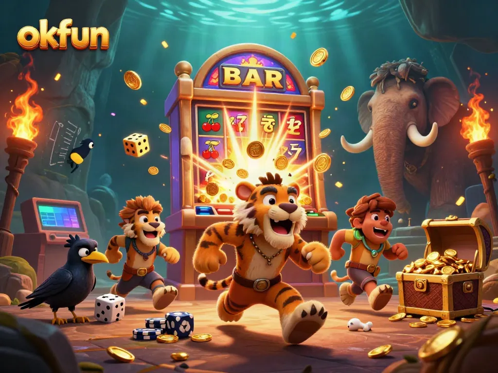 Experience the thrill of okfun casino with this hyper-detailed 3D illustration showcasing exciting gaming elements.