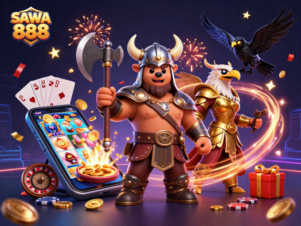 Engage with SAWA 888’s exciting games featuring a Viking berserker, Valkyrie eagle, and interactive slot elements.