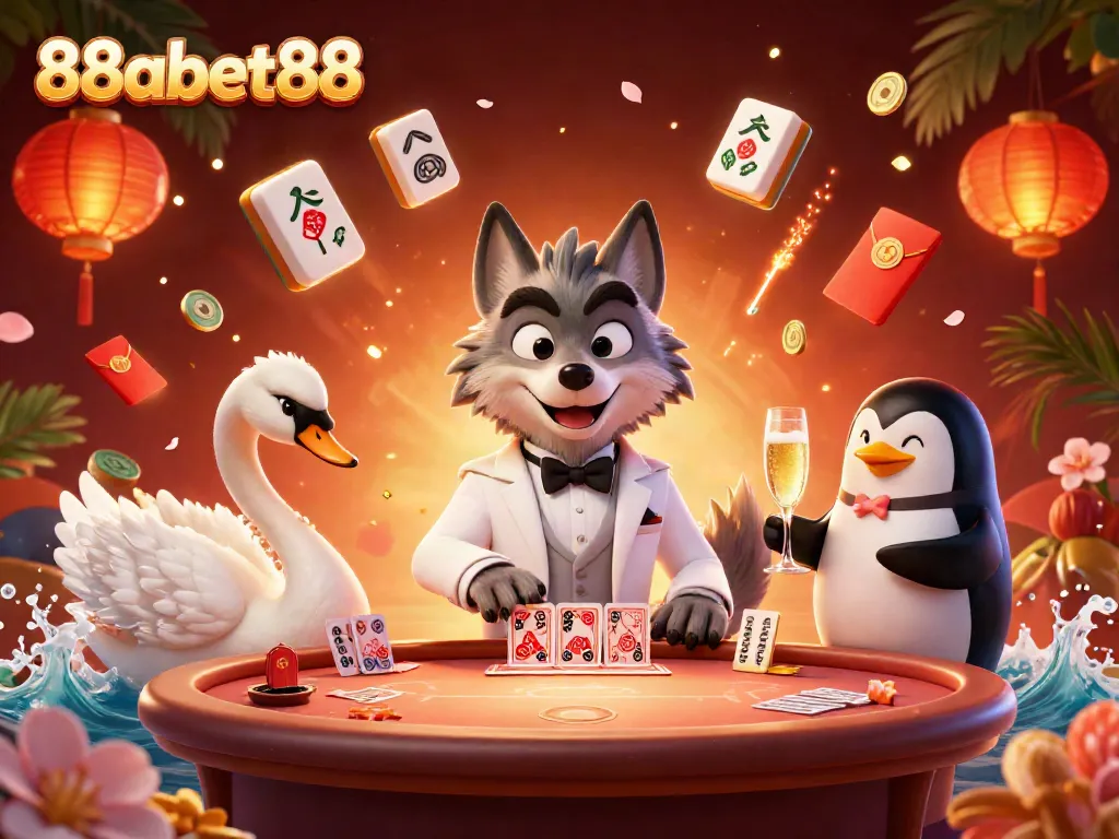 Experience thrilling games at 88abet88 with animated casino characters enjoying baccarat and champagne.