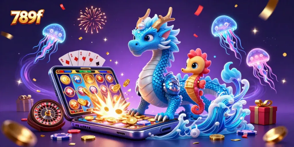 Play exciting games with 789f in this vibrant 3D casino scene filled with dragons and slot elements.