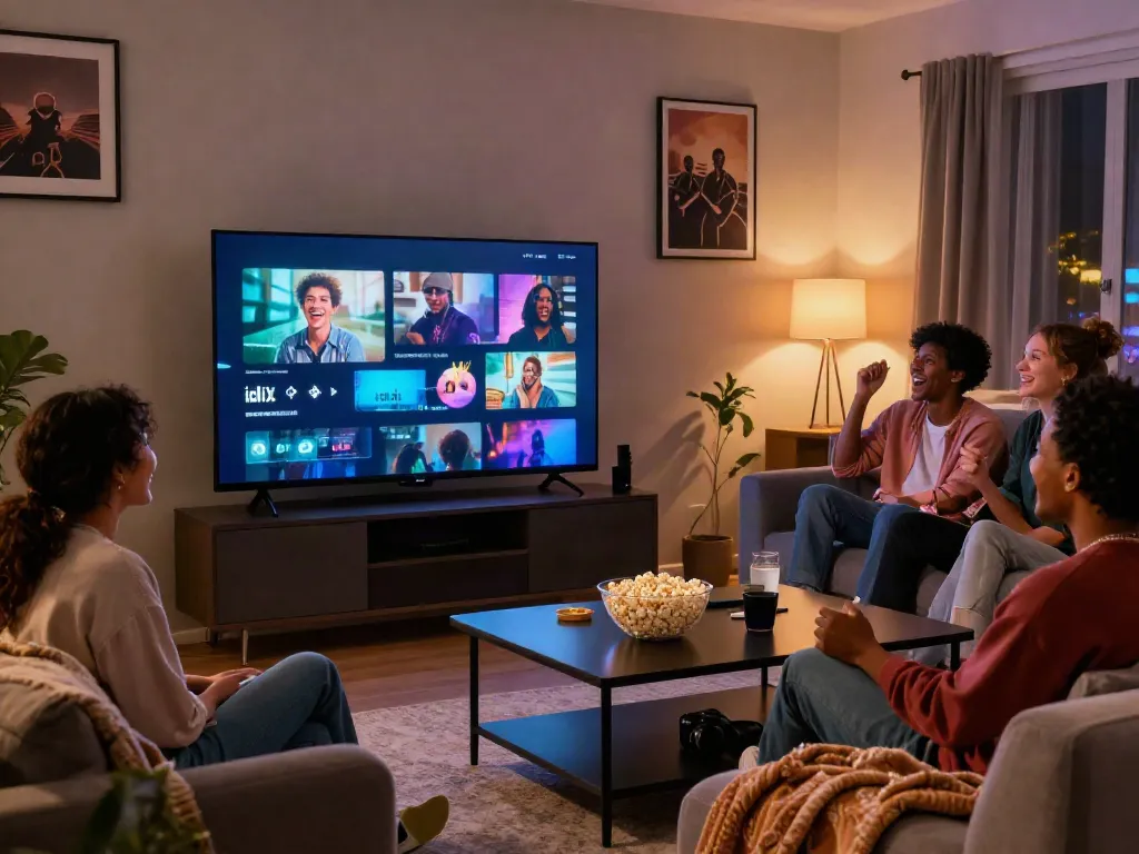 Friends enjoying a movie night streaming idlix in a cozy living room.