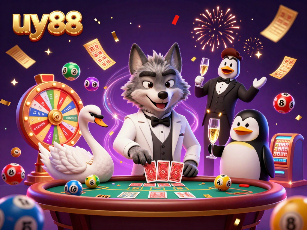 Experience electrifying gaming at uy88’s vibrant scene with 3D characters celebrating amidst lively casino elements.