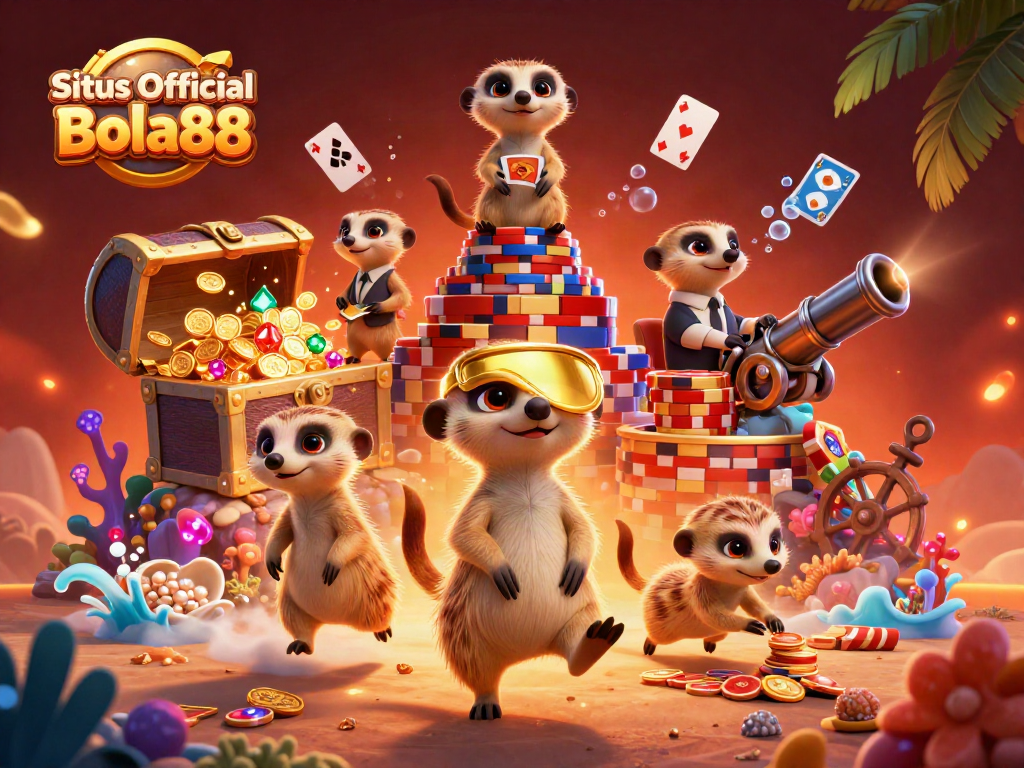 Situs Official Bola88 showcases a vibrant casino scene with playful meerkats, chips, and treasure.