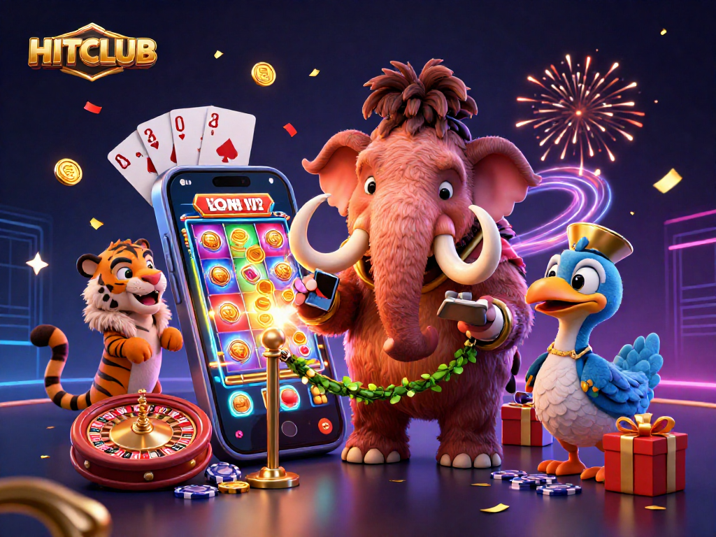 Engage in thrilling gaming at HITCLUB with a dynamic 3D illustration of a casino scene featuring vibrant slot games and characters.