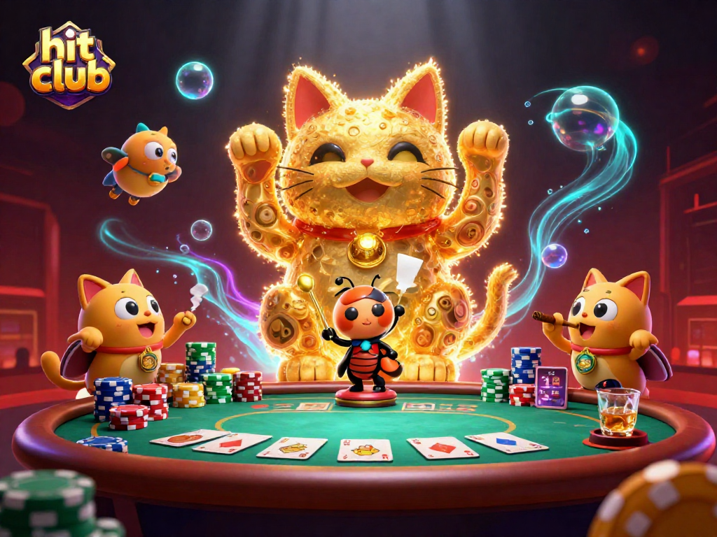 Engage with hit club's exciting casino scene featuring a lucky cat and vibrant poker elements.